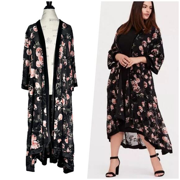 Torrid Other - Torrid | Women | Floral Rose Long Line Velvet Trim Sheer Chiffon Kimono | Sz 1-2